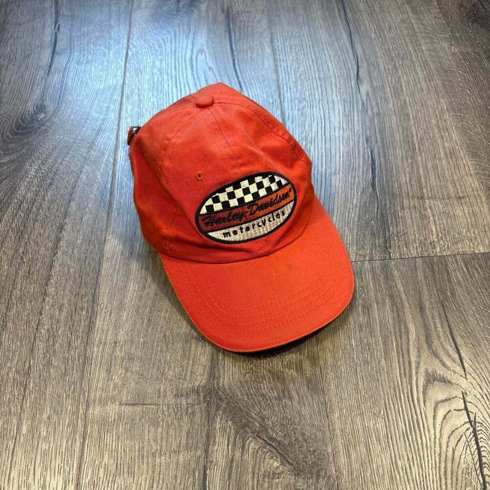 Harley Davidson Racing Hat Ballcap Orange Checkered Y2K